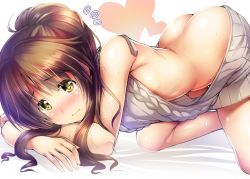 Rule 34 | 10s, 1girl, all fours, ass, backless dress, backless outfit, bare back, blush, brown eyes, brown hair, butt crack, dress, flat chest, halterneck, heart, idolmaster, idolmaster cinderella girls, long hair, looking at viewer, meme attire, ment, naked sweater, ponytail, ribbed sweater, solo, sweater, sweater dress, takamori aiko, turtleneck, turtleneck sweater, virgin killer sweater