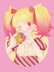 Rule 34 | 1girl, blonde hair, blush, doughnut, food, gradient hair, holding, jojon, looking at viewer, mister donut, multicolored hair, nail polish, one eye closed, original, personification, pink background, pink eyes, pink hair, pink nails, pinky out, short hair, solo, striped, tongue, twintails, upper body, wink