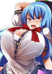 Rule 34 | 1girl, blue hair, breasts, gero zoukin, highres, hinanawi tenshi, large breasts, red eyes, simple background, solo, touhou, white background