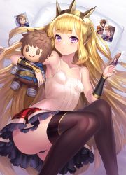Rule 34 | 1girl, armpits, ass, black thighhighs, blonde hair, blush, bracer, breasts, cagliostro (granblue fantasy), camisole, character doll, commentary request, gran (granblue fantasy), granblue fantasy, knees together feet apart, long hair, looking at viewer, lying, photo (object), purple eyes, skirt, small breasts, solo, thighhighs, tiara, very long hair, yapo (croquis side)