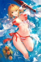 Rule 34 | 1girl, aestus estus, ahoge, bikini, blonde hair, bouncing breasts, breasts, breasts apart, fate/grand order, fate (series), flower, green eyes, hair intakes, halterneck, highres, large breasts, long hair, looking at viewer, lying, navel, nero claudius (fate), nero claudius (fate) (all), nero claudius (swimsuit caster) (fate), nero claudius (swimsuit caster) (third ascension) (fate), on back, partially submerged, side-tie bikini bottom, sketch, smile, solo, striped bikini, striped clothes, swd3e2, swimsuit, twintails, wardrobe malfunction, water, white flower