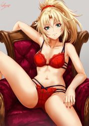 Rule 34 | 1girl, arm rest, blonde hair, bra, breasts, chair, collarbone, commentary request, earrings, fate/grand order, fate (series), green eyes, grey background, hair ornament, highres, jewelry, knee up, long hair, looking at viewer, mordred (fate), mordred (fate/apocrypha), multi-strapped bra, multi-strapped panties, nail art, nail polish, navel, panties, parted bangs, ponytail, red bra, red nails, red panties, ribbon-trimmed panties, sakiyamama, sidelocks, signature, simple background, skindentation, sleeve cuffs, small breasts, solo, spread legs, stomach, underwear