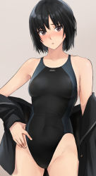 Rule 34 | 1girl, amagami, black hair, black jacket, black one-piece swimsuit, black sailor collar, blue one-piece swimsuit, blush, breasts, brown eyes, collarbone, commentary, competition swimsuit, covered navel, cowboy shot, grey background, groin, hand on own hip, highleg, highleg swimsuit, highres, jacket, kibito high school uniform, looking at viewer, medium breasts, nanasaki ai, nose blush, one-piece swimsuit, open clothes, open jacket, parted lips, raised eyebrows, sailor collar, school uniform, short hair, simple background, solo, standing, sweatdrop, swimsuit, swimsuit under clothes, undressing, yoo tenchi
