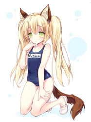 Rule 34 | 1girl, animal ears, bad id, bad pixiv id, bare shoulders, blonde hair, bluehole studio, collarbone, elin, emily (pure dream), green eyes, kneeling, looking at viewer, one-piece swimsuit, parted lips, school swimsuit, shoes, skindentation, swimsuit, tail, tera online, twintails, uwabaki