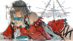 Rule 34 | 1girl, arknights, bare shoulders, detached sleeves, dress, frilled dress, frilled sleeves, frills, gloves, green gloves, grey hair, hand on own chin, highres, infection monitor (arknights), long hair, long sleeves, lux arts, lying, off-shoulder dress, off shoulder, red dress, red eyes, skadi (arknights), skadi the corrupting heart (arknights), solo, white background