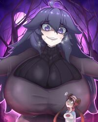 Rule 34 | 2girls, ahoge, breasts, bright pupils, brown hair, creatures (company), dress, eye contact, forest, game freak, gello, giant, giantess, hat, heavy breathing, hex maniac (pokemon), highres, huge breasts, looking at another, matching hair/eyes, medium breasts, moon, multiple girls, nature, night, nintendo, outdoors, pale skin, pokemon, pokemon bw2, pokemon xy, purple dress, purple eyes, purple hair, purple outline, purple sky, rosa (pokemon), scared, shirt, sky, steam, sweat, tree, twintails, upper body, white pupils, white shirt
