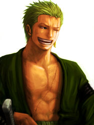 Rule 34 | 1boy, earrings, green hair, highres, jewelry, katana, male focus, meta gun, one eye closed, one piece, open clothes, open mouth, roronoa zoro, scar, scar across eye, scar on chest, scar on face, short hair, simple background, single earring, smile, solo, sword, teeth, weapon, white background