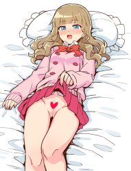 Rule 34 | 1girl, blue eyes, blush, bow, bowtie, brown hair, censored, heart, heart censor, heart in eye, long hair, long sleeves, lying, mewkledreamy, no panties, open mouth, pillow, pink sweater, red bow, red bowtie, red skirt, school uniform, skirt, smile, solo, star (symbol), star in eye, sweater, symbol in eye, tsukishima maira, yoban