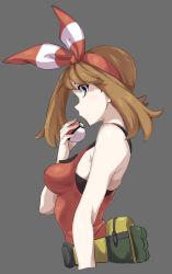 Rule 34 | 1girl, bare arms, bare shoulders, belt, blue eyes, breasts, brown hair, creatures (company), cropped torso, flipped hair, from side, game freak, hair ornament, hairband, highres, may (pokemon), medium breasts, nintendo, poke ball, poke ball (basic), pokemon, pokemon oras, pouch, pretty-purin720, red hairband, red shirt, shirt, sleeveless, sleeveless shirt, solo, upper body