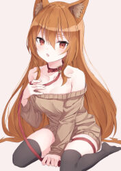 Rule 34 | 1girl, animal ear fluff, animal ears, bare shoulders, black thighhighs, breasts, brown sweater, collar, commission, fang, highres, leash, light brown hair, long hair, long sleeves, looking at viewer, medium breasts, no pants, off-shoulder sweater, off shoulder, open mouth, orange hair, original, pixiv commission, red collar, red eyes, sitting, skin fang, sweater, thigh strap, thighhighs, usamiusamimii, very long hair, wariza