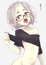 Rule 34 | 1girl, bare shoulders, black-framed eyewear, black shirt, bottomless, clothes lift, collarbone, commentary request, fangs, female focus, flat chest, forehead, glasses, grey background, grey hair, groin, highres, letty (ogami kazuki), lifting own clothes, looking at viewer, navel, off shoulder, ogami kazuki, open mouth, original, out-of-frame censoring, pointy ears, red eyes, ribs, shirt, shirt lift, short hair, short sleeves, simple background, solo, teeth, thick eyebrows, tongue, tongue out, translation request