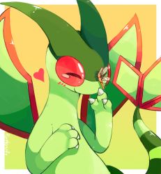Rule 34 | artist name, blush, border, bug, claws, colored sclera, commentary, creatures (company), closed eyes, firefly, flygon, game freak, gen 3 pokemon, heart, horns, bug, nintendo, no humans, on nose, pokemon, pokemon (creature), purpleninfy, red eyes, red sclera, simple background, smile, tail, tearing up, white border, wings, x), yellow background
