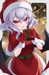 Rule 34 | 1girl, :d, absurdres, bat wings, belt, blurry, blurry background, border, box, capelet, christmas, christmas tree, dress, fangs, gift, gift box, hat, highres, holding, holding gift, looking at viewer, open mouth, purple hair, red capelet, red dress, red eyes, red hat, remilia scarlet, s vileblood, santa costume, santa hat, skin fangs, smile, solo, touhou, white border, wings