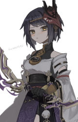 Rule 34 | 1girl, bird mask, black gloves, black sash, black shirt, black skirt, blue hair, blush, bow (weapon), commentary, cowboy shot, crow mask, detached sleeves, genshin impact, gloves, highres, holding, holding bow (weapon), holding weapon, kujou sara, long sleeves, looking at viewer, mask, mask on head, muted color, obi, pelvic curtain, pom pom (clothes), red mask, ribbon-trimmed sleeves, ribbon trim, sash, shirt, short hair, simple background, skirt, solo, twitter username, weapon, white background, white sleeves, wide sleeves, yellow eyes, yoooichang