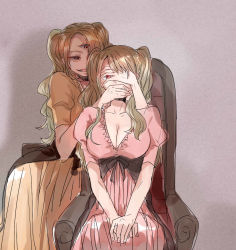 Rule 34 | 2girls, breasts, brown hair, chair, charlotte pudding, cleavage, covering another&#039;s eyes, covering another&#039;s mouth, dress, dual persona, female focus, hand over another&#039;s mouth, highres, large breasts, long hair, looking at another, multiple girls, one piece, red eyes, sitting, sketch, smile, tang fen yifu, third eye, twintails, two side up