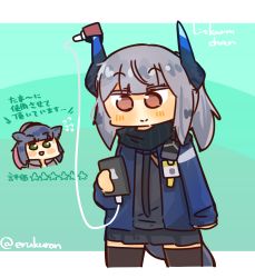 Rule 34 | 2girls, animal ears, arknights, black shirt, blue hair, blue jacket, blush, brown eyes, cat ears, character name, charging device, commentary request, cowboy shot, dragon horns, green eyes, grey hair, highres, holding, holding phone, horns, id card, jacket, jessica (arknights), lcron, liskarm (arknights), long hair, long sleeves, multiple girls, phone, rhodes island logo (arknights), shirt, skirt, smile, tail, translation request, twitter username