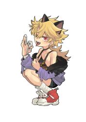 Rule 34 | 1boy, absurdres, animal ears, bandages, black choker, black ears, blonde hair, camouflage, camouflage shirt, cat ears, choker, earrings, fangs, fellatio gesture, fur trim, highres, indie virtual youtuber, jacket, jewelry, kainen, looking at viewer, male focus, nipples, ocha (kinnkonnsousai), open mouth, purple jacket, red eyes, red footwear, shirt, shoes, shorts, sneakers, solo, tongue, tongue out, trap, virtual youtuber