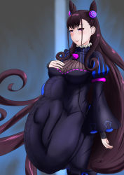 Rule 34 | 1girl, absurdres, breasts, cleavage, double bun, fate/grand order, fate (series), hair bun, hair ornament, highres, large breasts, long hair, looking at viewer, murasaki shikibu (fate), purple eyes, purple hair, smile, solo, stomach bulge, very long hair, vore, white background