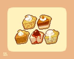 Rule 34 | artist name, border, cake, cake slice, cheesecake, commentary, english commentary, food, food focus, fruit, highres, no humans, noion, original, pixel art, pumpkin pie, simple background, strawberry, yellow background