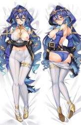 Rule 34 | 1girl, ass, backless outfit, bed sheet, black gloves, black skirt, blue hair, blue panties, blush, breasts, closed mouth, clothes lift, clothes pull, commentary, dakimakura (medium), detached sleeves, drill hair, embarrassed, from above, frown, full body, furrowed brow, genshin impact, gloves, gluteal fold, gold footwear, gradient hair, hair between eyes, high heels, highres, hood, hood up, jewelry, kousaki natsu, layla (genshin impact), lifting own clothes, light blue hair, long hair, looking at viewer, lying, medium breasts, midriff, multicolored hair, multiple views, navel, neck ring, nipples, on back, on stomach, one eye closed, panties, pants, pants pull, parted lips, pointy ears, puffy sleeves, side drill, skindentation, skirt, skirt lift, thigh gap, tight clothes, tight pants, two-tone hair, underwear, white pants, yellow eyes