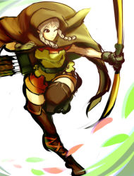 Rule 34 | 1girl, arrow (projectile), belt, boots, bow (weapon), braid, brown eyes, cloak, dragon&#039;s crown, elf, elf (dragon&#039;s crown), grey hair, hood, leg up, long hair, mafen, one eye closed, pointy ears, quiver, shorts, sketch, solo, thigh boots, thighhighs, twin braids, weapon, wink