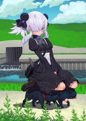 Rule 34 | 1girl, bad id, bad twitter id, bag, belt, between legs, black dress, black footwear, blue eyes, blue flower, boots, bruise, bun cover, collar, commentary request, day, dog, double bun, dress, drill hair, flower, frilled dress, frills, gothic lolita, grass, hair bun, hair over one eye, hand between legs, highres, injury, lolita fashion, long sleeves, looking down, outdoors, puffy long sleeves, puffy sleeves, pug, riding, river, seiza, short hair, short hair with long locks, sitting, sky, tears, tongue, tongue out, twin drills, twintails, underbust, v arms, walking, washi no tosaka, white hair, wide sleeves
