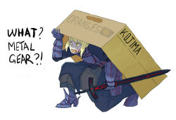 Rule 34 | 1girl, 4chan, armor, armored dress, artoria pendragon (fate), blonde hair, blood, box, cardboard box, crossover, drawfag, dress, english text, excalibur morgan (fate), fate/stay night, fate (series), female knight, image sample, knight, metal gear (series), metal gear solid, parody, saber (fate), saber alter, shroedinger, skirt, solid snake, solo, sword, weapon