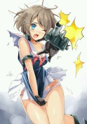 Rule 34 | 10s, 1girl, blue eyes, blush, breasts, brown hair, circle skirt, firing, gloves, hair ornament, kantai collection, kekemotsu, looking at viewer, lowres, maya (kancolle), one eye closed, onow, open mouth, personification, short hair, skirt, skirt tug, solo, tears, torn clothes, wince