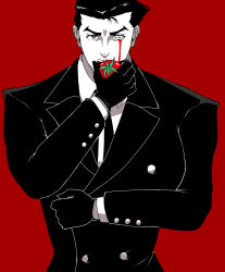 Rule 34 | 1boy, barcode, black gloves, black hair, black neckwear, black suit, blood, bloody tears, eating, gloves, hair slicked back, highres, looking at viewer, male focus, red background, roger smith, short hair, simple background, solo, standing, suit, ten160 (wildxsteve), the big o, tomato