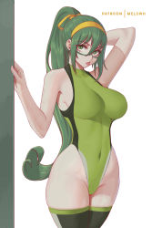 Rule 34 | 1girl, absurdres, arm up, asui tsuyu, boku no hero academia, breasts, green eyes, green hair, green theme, green thighhighs, hairband, highleg, highleg swimsuit, highres, large breasts, looking at viewer, melowh, navel, ponytail, skin tight, skindentation, solo, swimsuit, thick thighs, thighhighs, thighs, tongue, tongue out, white background