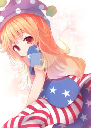 Rule 34 | 1girl, american flag dress, american flag legwear, ass, bad id, bad pixiv id, beni shake, blonde hair, clownpiece, fairy wings, gradient background, hat, jester cap, long hair, looking at viewer, open mouth, pantyhose, red eyes, solo, touhou, very long hair, wings