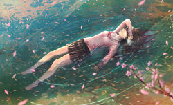 Rule 34 | 1girl, afloat, bad id, bad pixiv id, blue eyes, blurry, brown hair, cherry blossoms, depth of field, jname, letter, lying, original, partially submerged, petals, ripples, solo, tears, water, wet, wet clothes
