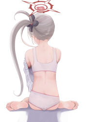 Rule 34 | 1girl, artist name, ass, barefoot, black scrunchie, blue archive, bra, butt crack, feet, from behind, grey hair, hair ornament, hair scrunchie, halo, highres, long hair, mutsuki (blue archive), panties, red halo, rryiup, scrunchie, side ponytail, signature, simple background, soles, solo, toes, underwear, white background, white bra, white panties