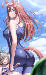 Rule 34 | 2girls, absurdres, ahoge, animal ears, ass, blue eyes, blue one-piece swimsuit, blue sky, blush, breasts, brown hair, character request, cloud, hair between eyes, hair over one eye, hairband, highres, horse ears, horse girl, horse tail, long hair, looking at viewer, looking back, medium breasts, mihono bourbon (umamusume), multiple girls, one-piece swimsuit, ooeyama, open mouth, outdoors, rice shower (umamusume), sky, sunlight, sweat, swimsuit, tail, umamusume