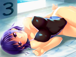 Rule 34 | 1girl, breasts, collarbone, competition swimsuit, covered erect nipples, hair ornament, hairclip, hinohoshi ataru, large breasts, long hair, looking at viewer, lying, on side, one-piece swimsuit, original, pool, purple eyes, purple hair, sany, short hair, smile, solo, strap slip, swimsuit, water, wet
