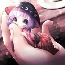Rule 34 | 1girl, akisha, bad id, bad pixiv id, barefoot, bowl, bowl hat, finger to another&#039;s mouth, hat, highres, in palm, japanese clothes, kimono, long sleeves, looking at viewer, mini person, minigirl, obi, pov, pov hands, purple eyes, purple hair, sash, sukuna shinmyoumaru, touhou, wide sleeves