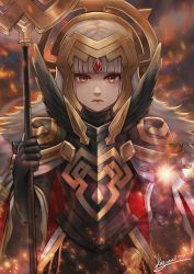 Rule 34 | 1girl, armor, black armor, black gloves, cape, closed mouth, crown, fire emblem, fire emblem heroes, gloves, grey hair, hair ornament, holding, holding staff, kaejunni, long hair, long sleeves, nintendo, red eyes, shoulder armor, signature, solo, staff, upper body, veronica (fire emblem)