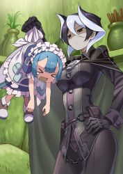 Rule 34 | &gt; &lt;, 1boy, 1girl, apron, black eyes, black hair, blue hair, cape, child, cowboy shot, crossdressing, dress, expressionless, frilled dress, frills, gloves, hair between eyes, hand on own hip, held up, kyo-hei (kyouhei), made in abyss, maid apron, maid headdress, maruruk, multicolored hair, open mouth, ozen, shaded face, short hair, trap, vase, wavy mouth, whistle, white hair