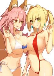 Rule 34 | 2girls, \m/, absurdres, ahoge, animal ear fluff, animal ears, asymmetrical docking, bikini, blonde hair, breast press, breasts, brown eyes, closed mouth, commentary request, dh ead, earrings, eyebrows, fate/grand order, fate (series), fox ears, fox tail, green eyes, highres, jewelry, kunabishi, large breasts, long hair, looking at another, looking at viewer, multiple girls, navel, nero claudius (fate), nero claudius (fate) (all), nero claudius (fate/extra), nero claudius (swimsuit caster) (fate), official alternate costume, pink hair, red bikini, side-tie bikini bottom, simple background, slingshot swimsuit, smile, swimsuit, tail, tamamo (fate), tamamo no mae (fate/extra), tamamo no mae (sexy bikini) (fate), tamamo no mae (swimsuit lancer) (fate), twintails, white background, white bikini