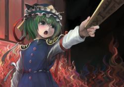 Rule 34 | 1girl, bad id, bad pixiv id, buttons, fire, fire, frills, green eyes, green hair, hat, hat ribbon, ichiba youichi, long sleeves, matching hair/eyes, mob cap, outstretched arm, outstretched arms, paddle, ribbon, rod, rod of remorse, shiki eiki, short hair, shoulder pads, solo, touhou, upper body, vest