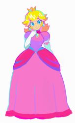 Rule 34 | 1girl, alternate hairstyle, aqua eyes, blonde hair, crown, denaseey, dress, earrings, elbow gloves, english text, female focus, full body, gloves, hand up, highres, jewelry, long hair, mario (series), nintendo, parted lips, pink dress, princess peach, puffy short sleeves, puffy sleeves, short sleeves, simple background, smile, solo, standing, white background, white gloves
