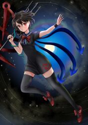 Rule 34 | 1girl, asymmetrical wings, black dress, black hair, blue wings, blush, bow, bowtie, breasts, buttons, center frills, closed mouth, commentary request, dress, footwear bow, frilled dress, frills, full body, hair between eyes, highres, holding, holding polearm, holding weapon, houjuu nue, kyabekko, looking at viewer, night, night sky, polearm, rainbow, red bow, red bowtie, red eyes, red footwear, red wings, short dress, short hair, short sleeves, sky, small breasts, snake, solo, star (sky), starry sky, sun, sun halo, thighhighs, tomoe (symbol), touhou, trident, v-shaped eyebrows, weapon, wings, wristband, zettai ryouiki