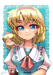Rule 34 | alice margatroid, ascot, blonde hair, blue dress, blue eyes, capelet, carte, dress, frilled ascot, frilled hairband, frills, hairband, highres, lolita hairband, puffy short sleeves, puffy sleeves, red ascot, red hairband, shanghai doll, short hair, short sleeves, touhou, white capelet