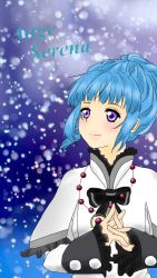 Rule 34 | 1girl, ange serena, blue hair, breasts, capelet, character name, dress, frills, jewelry, long hair, necklace, ponytail, purple eyes, ribbon, smile, snow, tales of (series), tales of innocence