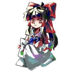 Rule 34 | 1girl, absurdres, arms under breasts, blue bow, blue bowtie, bow, bowtie, brown eyes, brown hair, commentary, cropped torso, crossed arms, detached sleeves, english commentary, hair bow, hair tubes, hakurei reimu, highres, long hair, long sleeves, looking at viewer, nunrb, parted lips, red bow, sidelocks, simple background, solo, teeth, touhou, white background, wide sleeves, wing collar