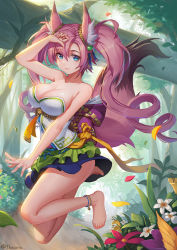 Rule 34 | 1girl, animal ears, anklet, bare legs, bare shoulders, barefoot, blue eyes, breasts, cleavage, drill hair, feet, flower, forest, fox ears, fox tail, hair between eyes, hand on own forehead, jewelry, jumping, large breasts, layered skirt, legs, leo thasario, long hair, looking at viewer, md5 mismatch, miniskirt, nature, original, outdoors, outstretched arm, path, petals, pink hair, road, sash, skirt, smile, solo, strapless, sunlight, tail, toes, tree, twin drills, twintails, twitter username, very long hair