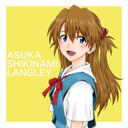 Rule 34 | 1girl, blue eyes, blush, breasts, brown hair, character name, dbqp, highres, long hair, looking at viewer, neon genesis evangelion, open mouth, school uniform, simple background, smile, solo, souryuu asuka langley, two side up, upper body, yellow background