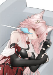 1girl absurdres anger_vein angry animal_ears arknights bare_shoulders braid breasts cleavage commentary couch hair_between_eyes hair_intakes hair_ornament highres long_hair looking_at_viewer lying mebe_(teadia_violet) medium_breasts on_couch on_side pink_hair pozyomka_(arknights) red_eyes red_skirt shaded_face skirt solo upper_body