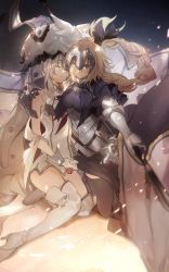 Rule 34 | armor, armored dress, blonde hair, blue eyes, braid, capelet, chain, closed eyes, closed mouth, dress, fate/apocrypha, fate/grand order, fate (series), faulds, flag, fur trim, gauntlets, gloves, hat, headpiece, highres, holding another&#039;s arm, jeanne d&#039;arc (fate), jeanne d&#039;arc (ruler) (fate), long braid, long hair, marie antoinette (fate), marie antoinette (third ascension) (fate), no-kan, outstretched arm, plackart, protecting, sheath, sheathed, silver hair, single braid, sleeveless, sleeveless dress, standard bearer, sword, takeuchi takashi, tears, thighhighs, unconscious, very long hair, weapon