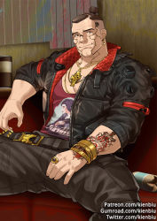 Rule 34 | 1boy, arm tattoo, bara, black eyes, black hair, black jacket, black pants, bracelet, couch, cyberpunk (series), cyberpunk 2077, cyborg, earrings, gumroad username, jacket, jackie welles, jewelry, kienbiu, large pectorals, looking at viewer, male focus, mature male, muscular, muscular male, on couch, open clothes, open jacket, paid reward available, pants, patreon username, pectoral cleavage, pectorals, purple tank top, ring, short hair, sleeves rolled up, solo, spread legs, stomach, tank top, tattoo, thick thighs, thighs, twitter username, undercut